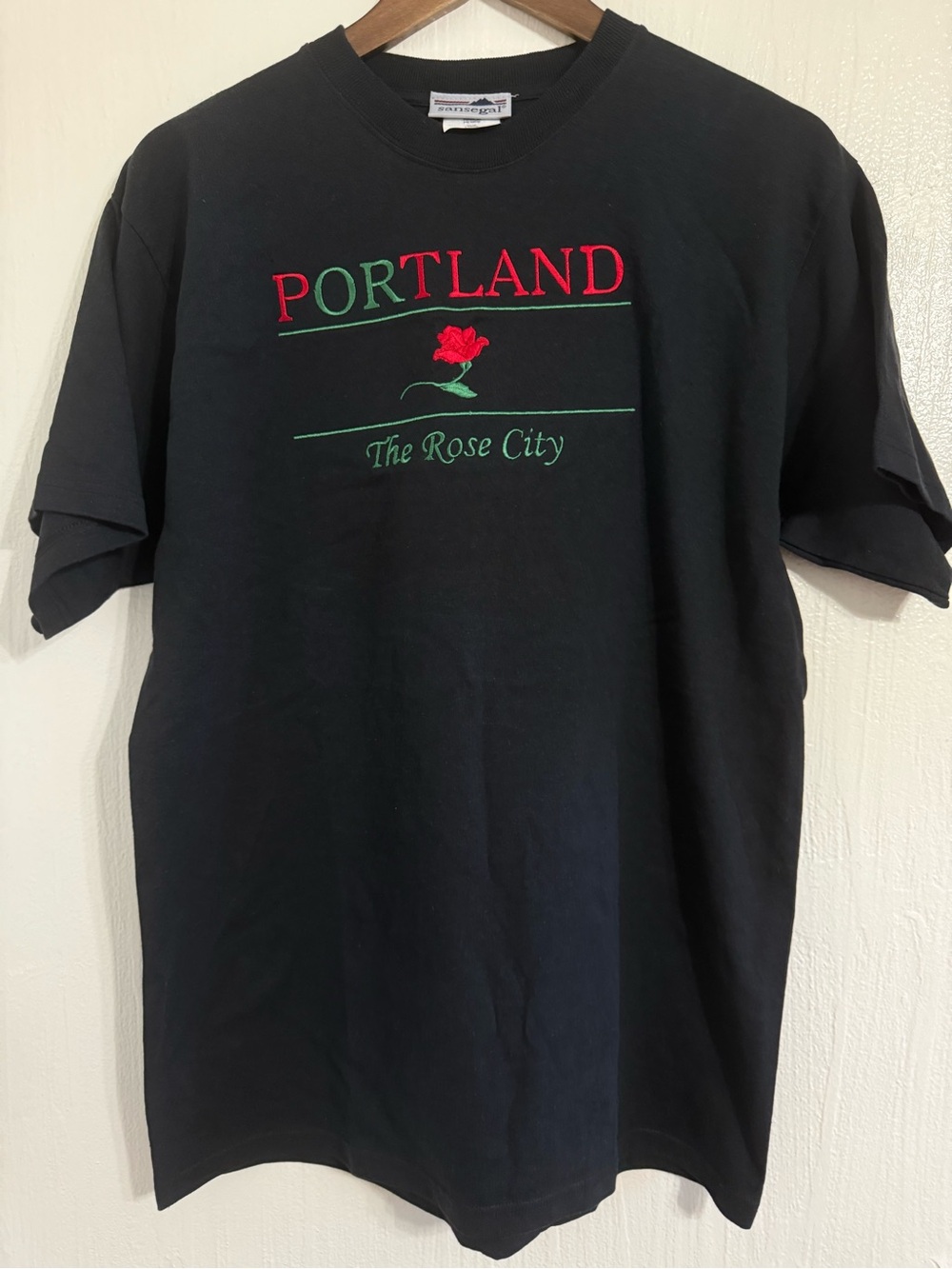 Vtg Sansegal Portland The Rose City Embroidered Black T Shirt Size Large